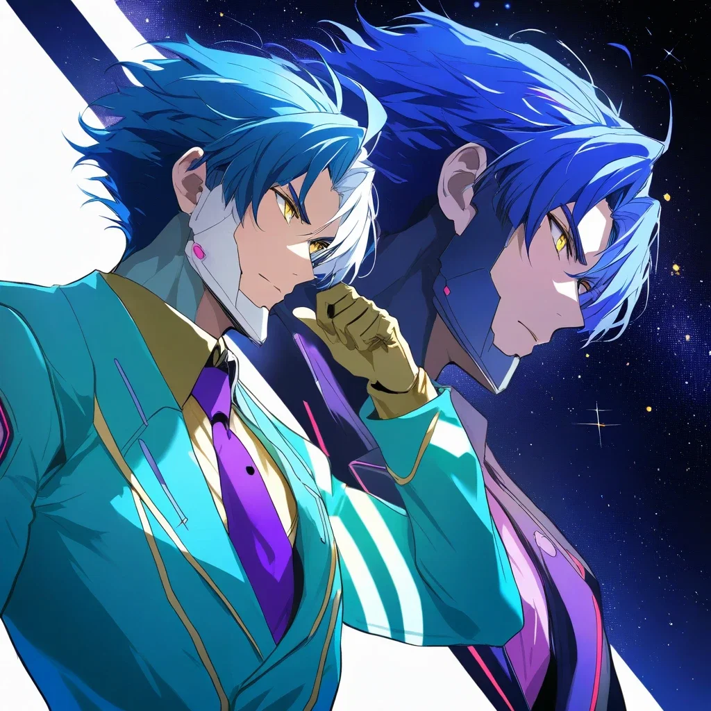 blue haired male yellow eyes cyan suit