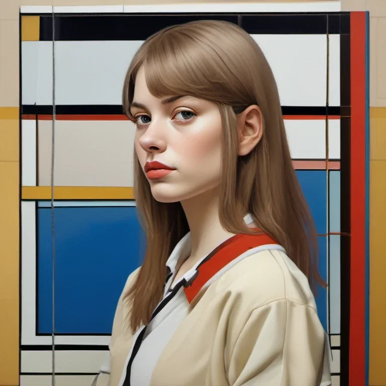 square oil painting portrait of young woman in mondrian dress