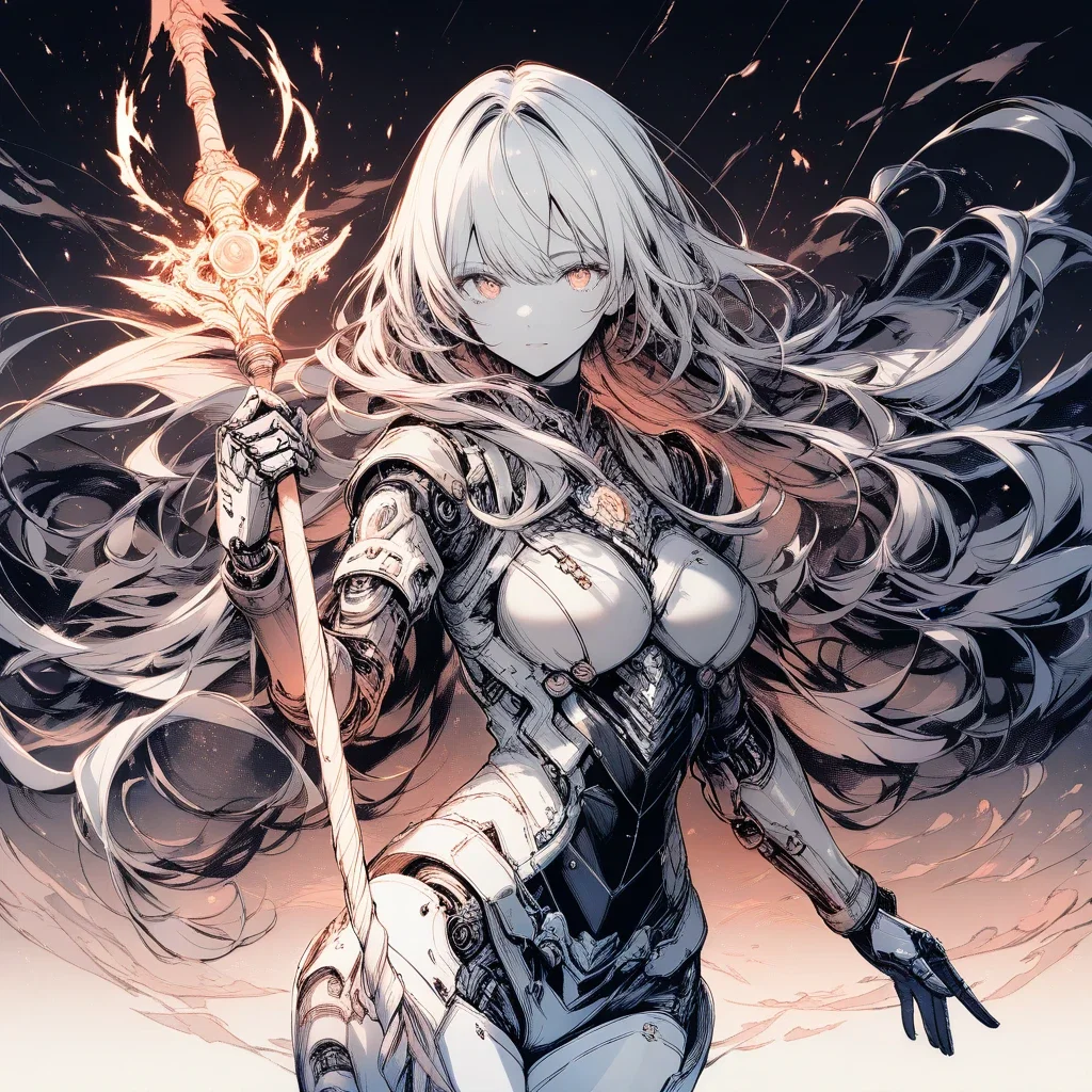 artistic female android holding royal spear