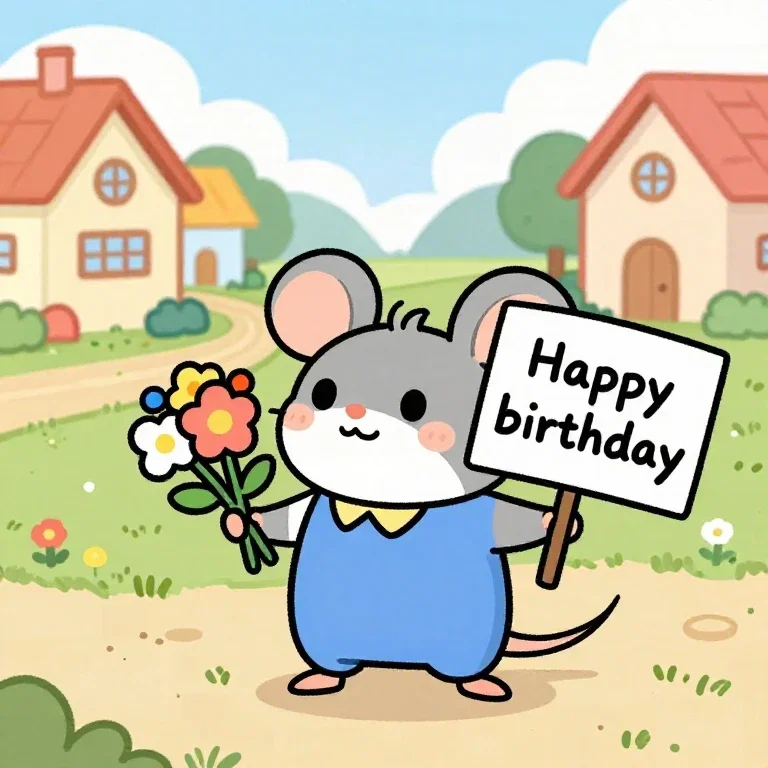 comic mouse holds birthday bouquet in village