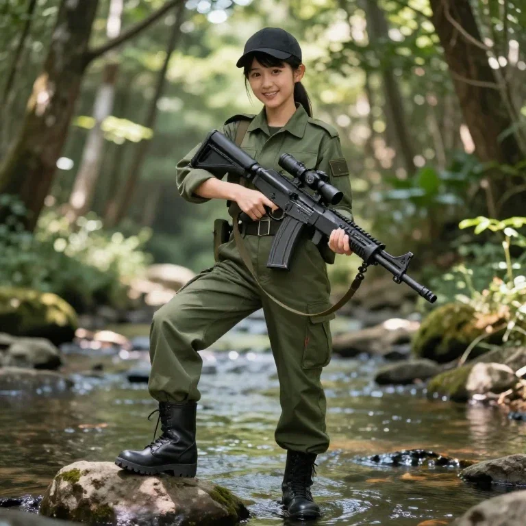 anime soldier smiling in forest river