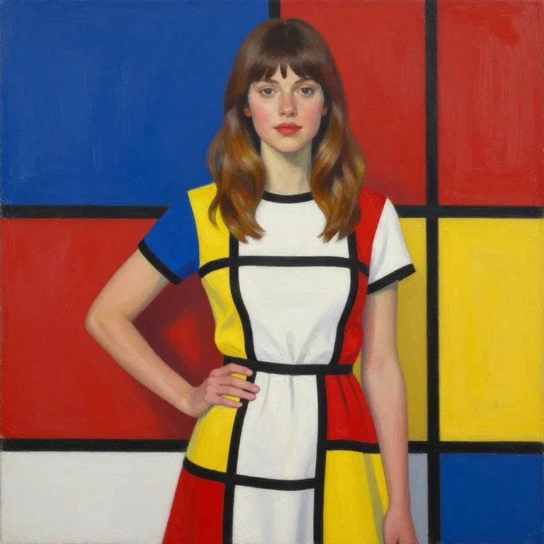 young woman in mondrian dress geometric background