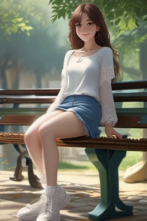 friendly brunette smiling on park bench