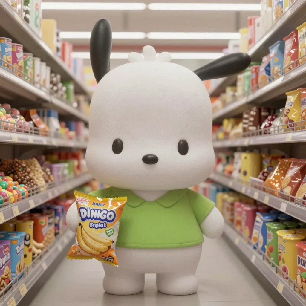 pochacco holding banana chips in candy aisle