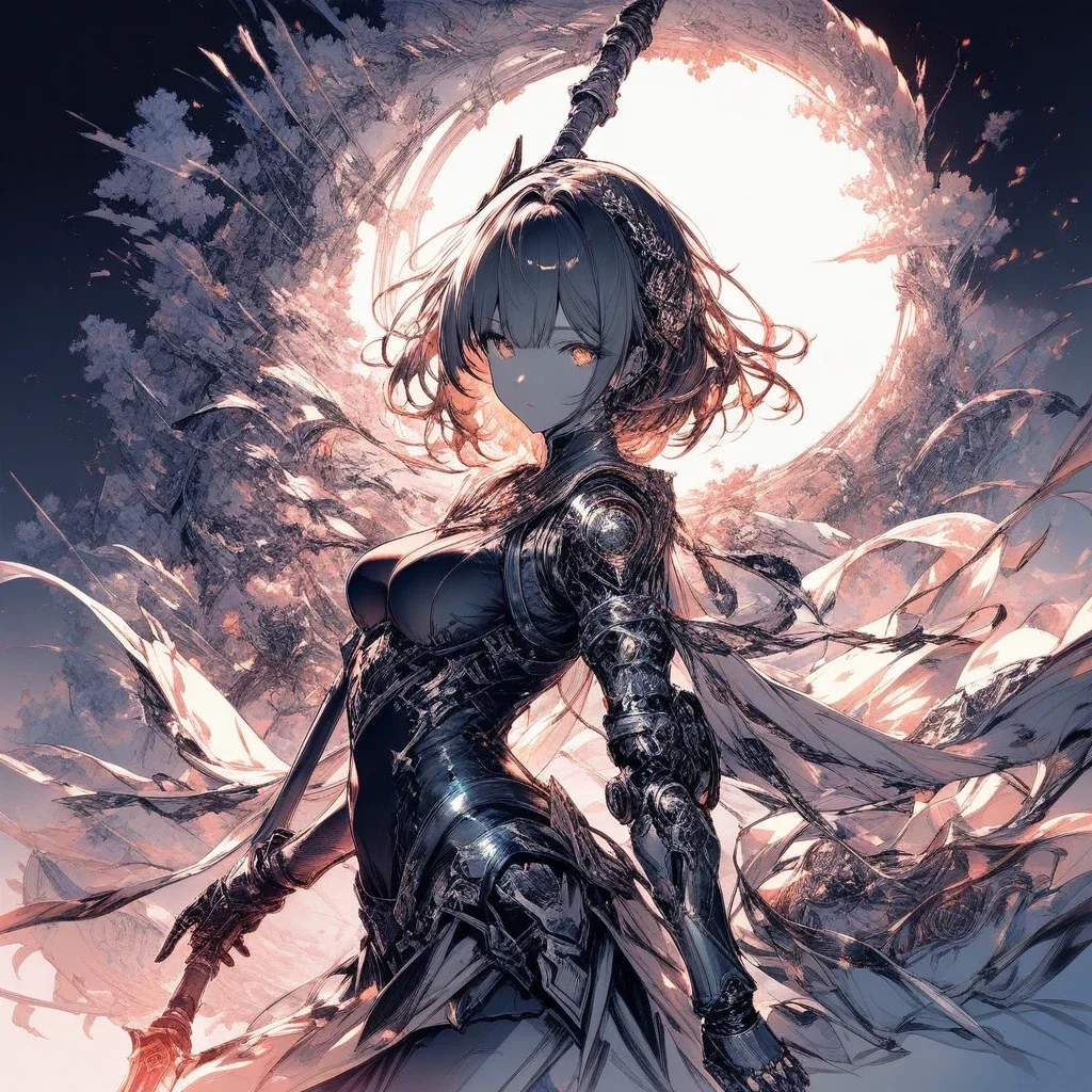 artistic female android holding royal spear