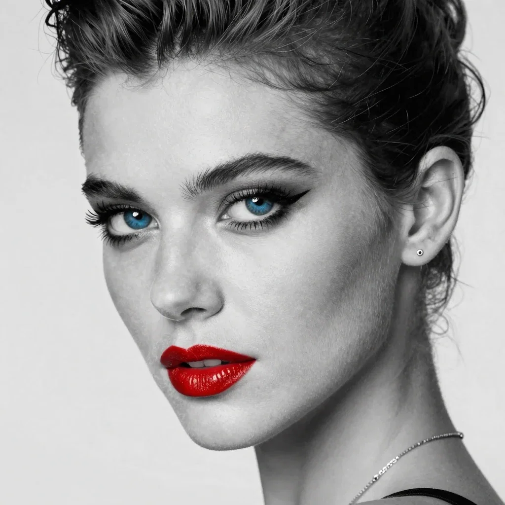 1990s model blue eyes red lips black white