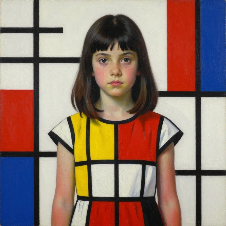 girl in mondrian dress with geometric background