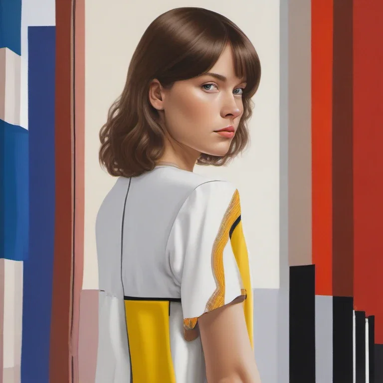 square oil painting portrait of young woman in mondrian dress