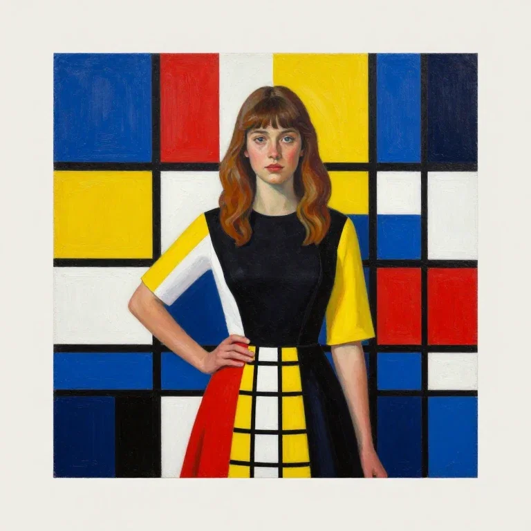 square oil painting of woman in mondrian dress