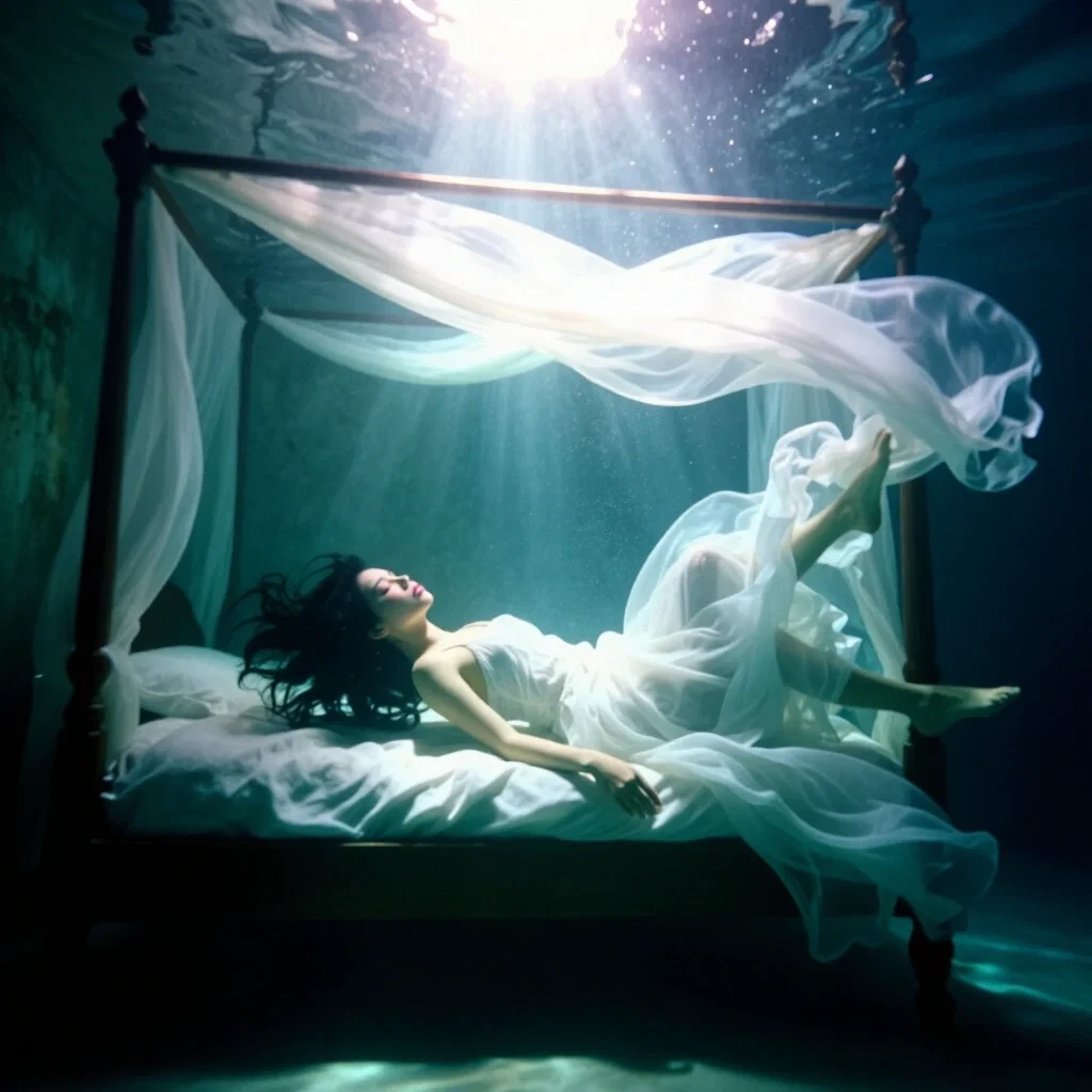 submerged bedroom sleeping woman underwater photograph