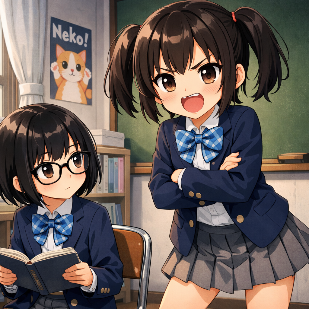 two moe anime girls in club room