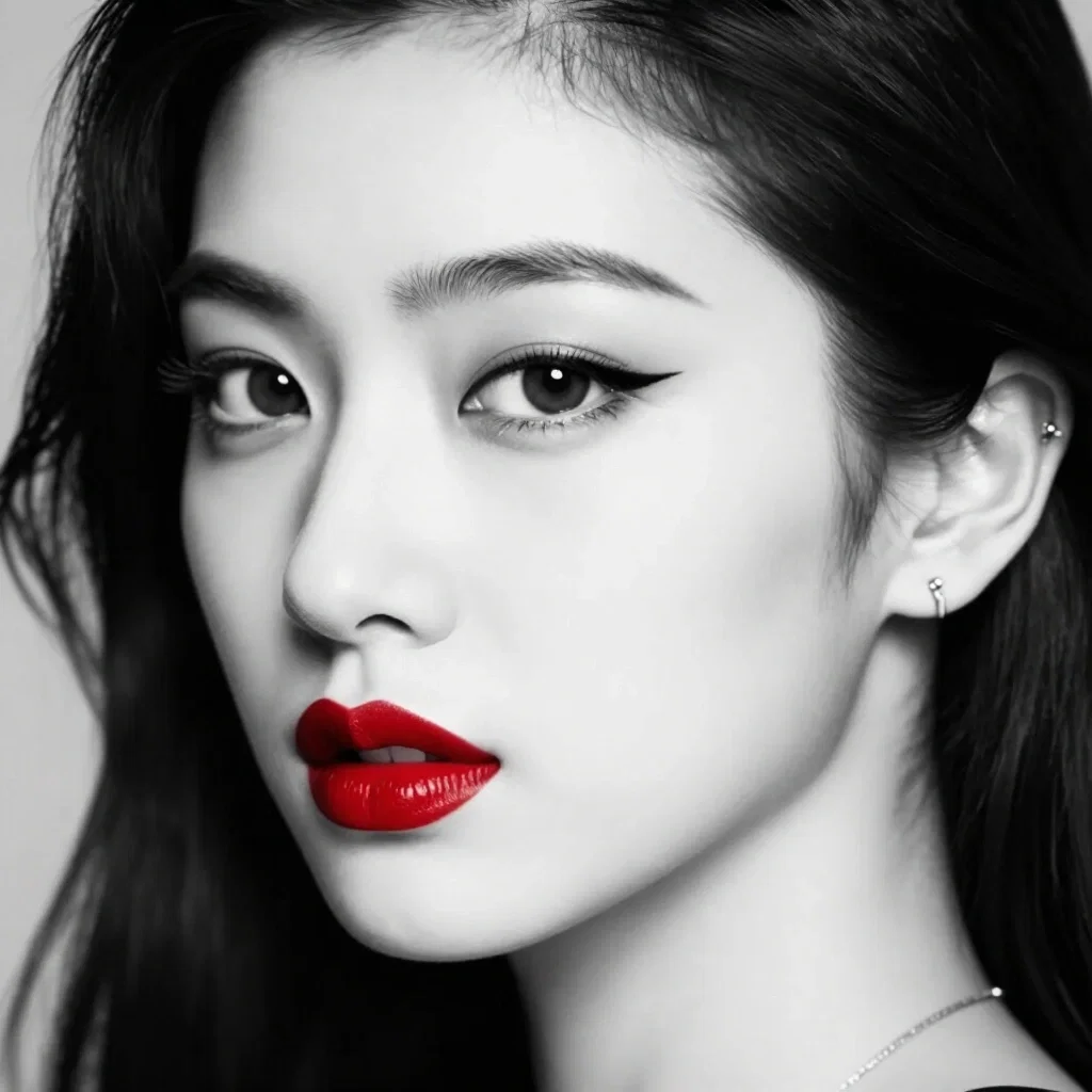 close up japanese model red lips brown eyes