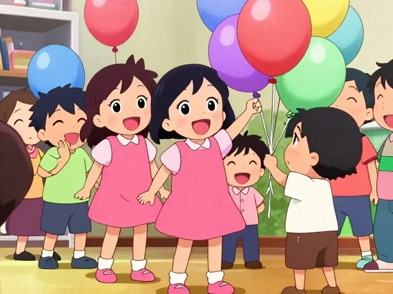 anime children with balloons and pink clothing