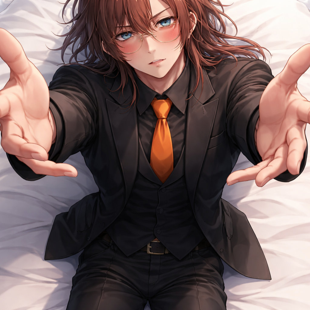 male with reddish brown hair aqua eyes black suit