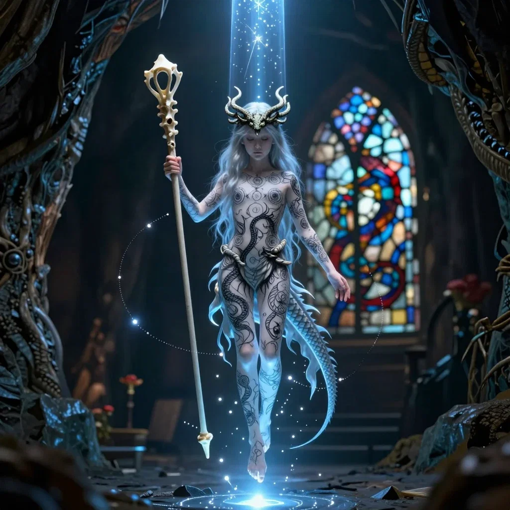 dark holy maiden with silver hair in dragons cave