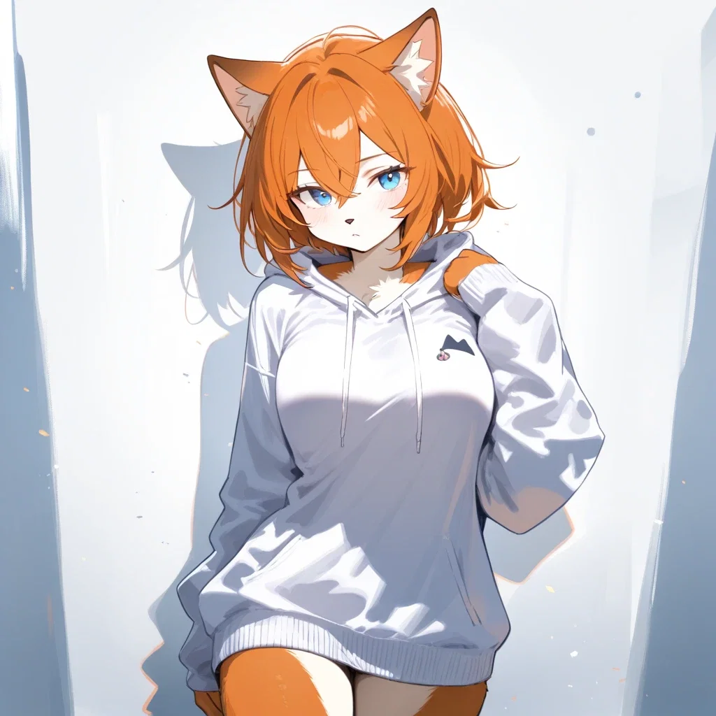 cat girl orange hair blue eyes fur sweatshirt