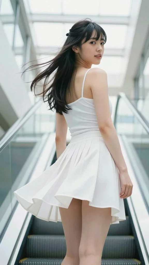 japanese woman escalator wind skirt natural light