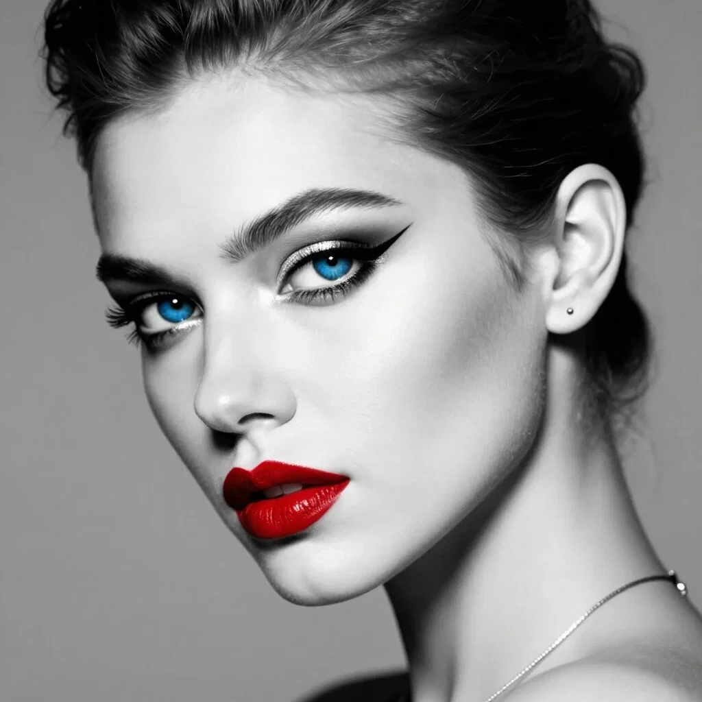 artistic portrait blue eyes red lips black white