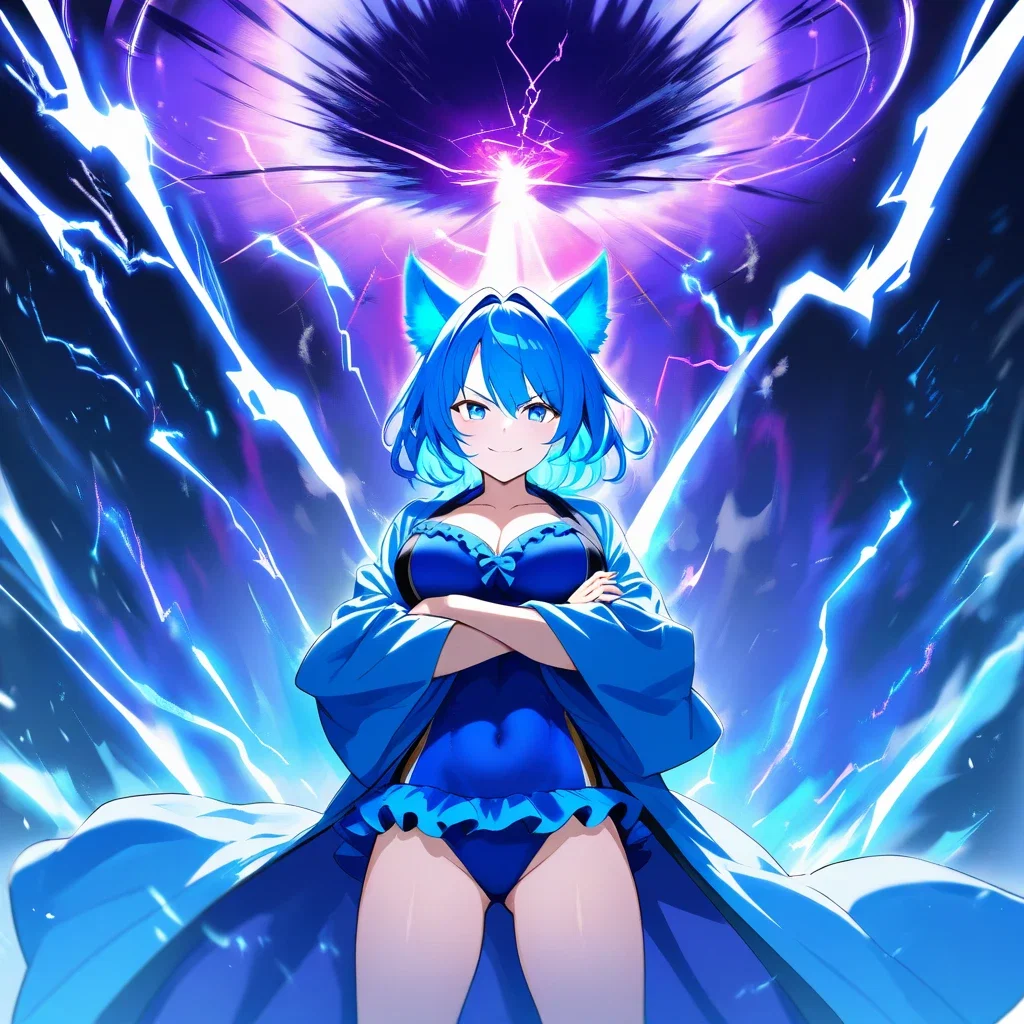 beautiful girl wolf ears blue hair frilled swimsuit