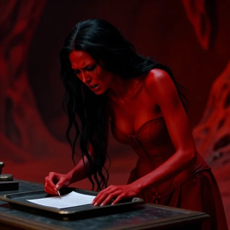 female demon doing taxes in hell