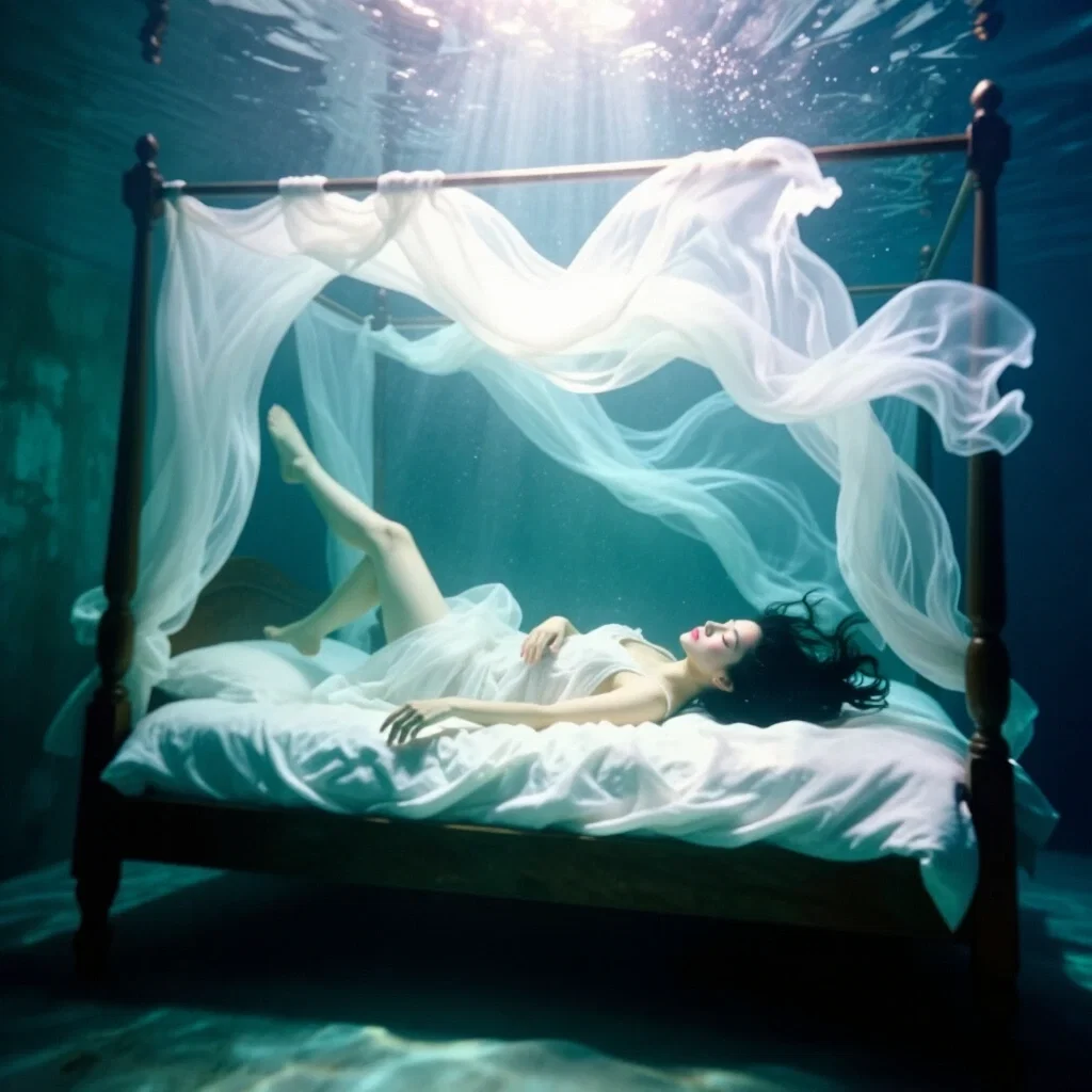 submerged bedroom sleeping woman underwater photograph