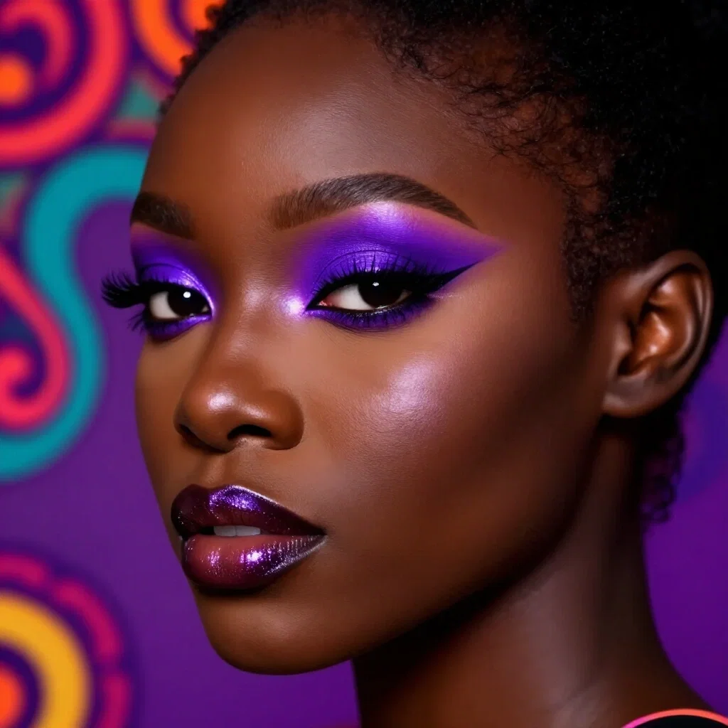 african american model neon purple makeup photorealism
