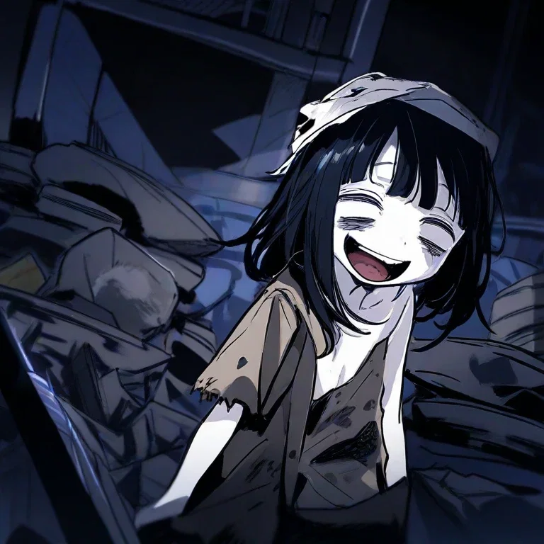 young girl black hair nighttime garbage dump