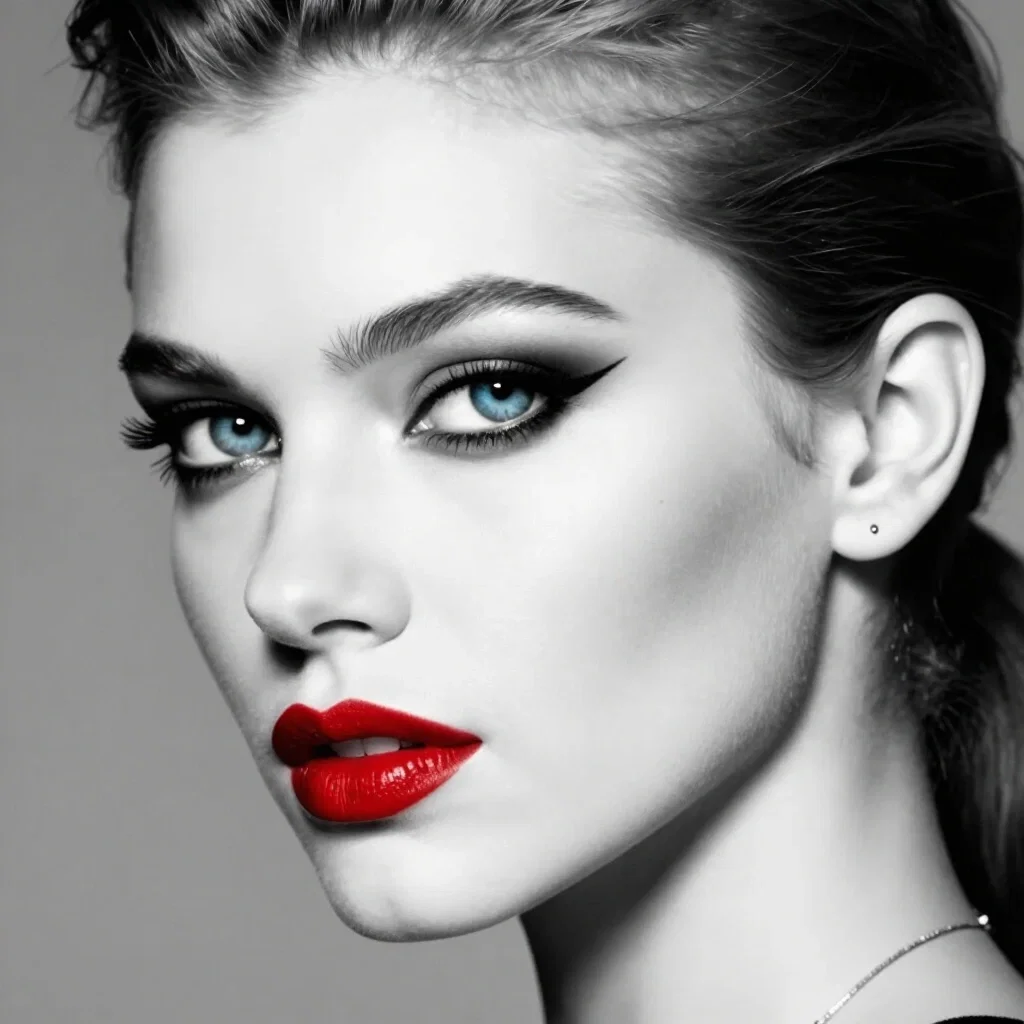 close up artistic portrait blue eyes red lips