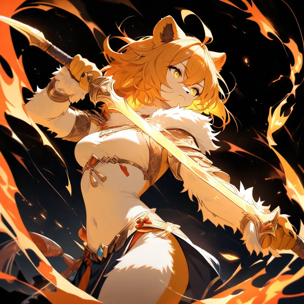 lion girl with dual blades on black background