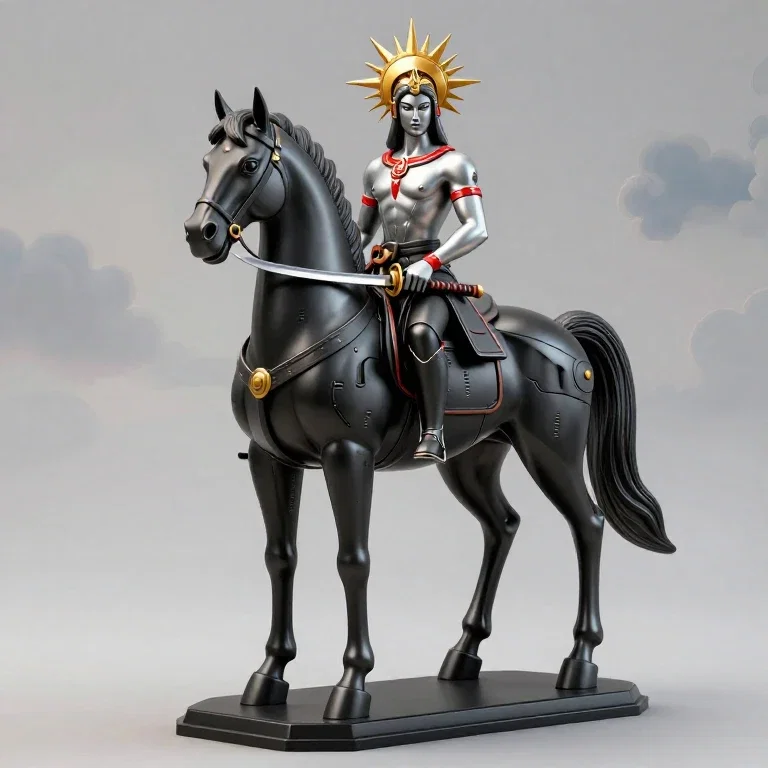 silver centaur sculpture with golden headpiece