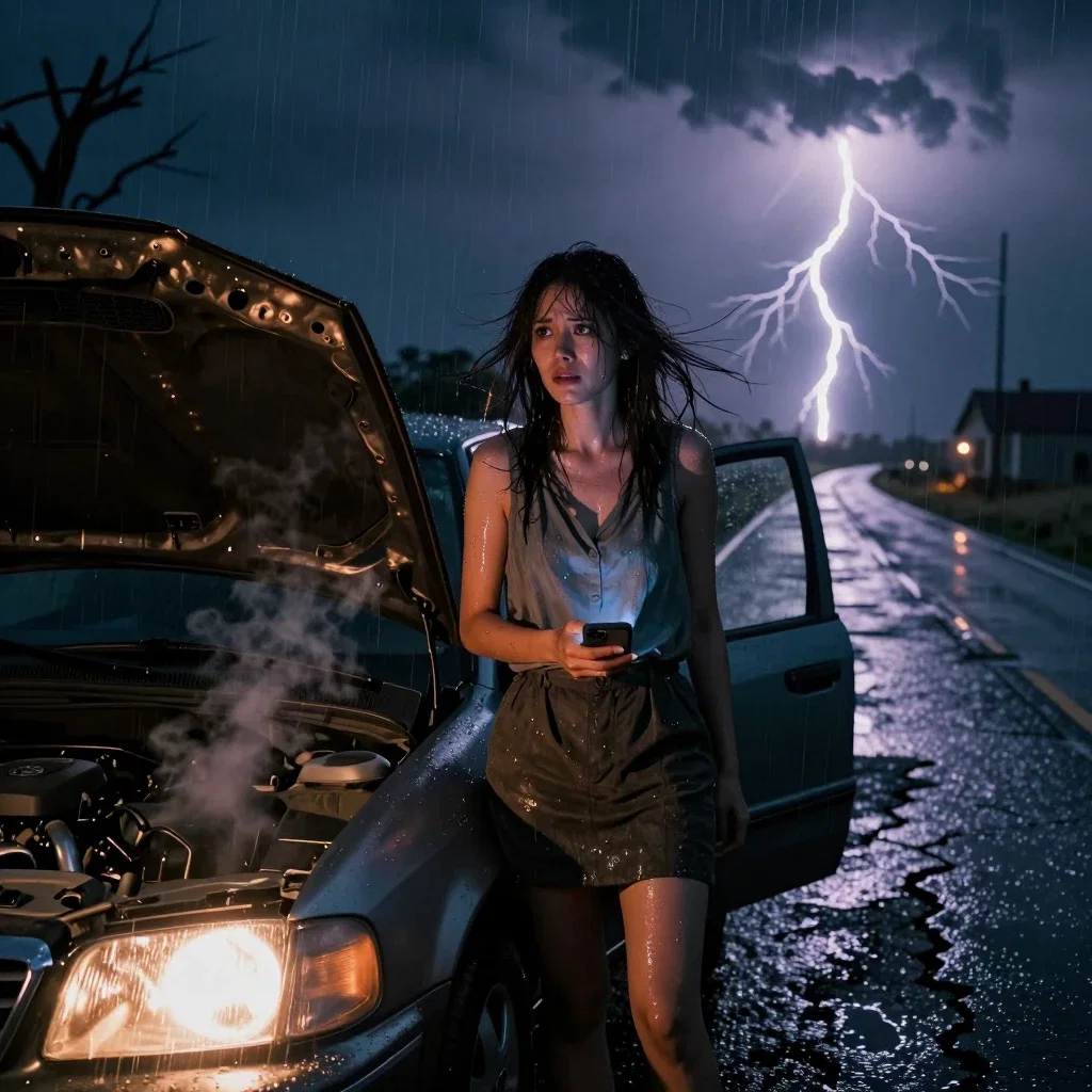 woman stranded in storm with broken car