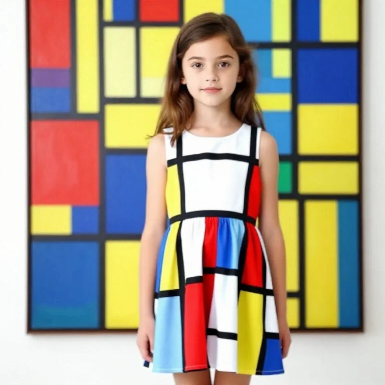 young girl in mondrian dress before painting
