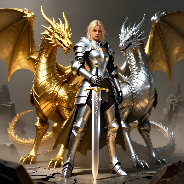 blonde warrior girl with dragons in armor