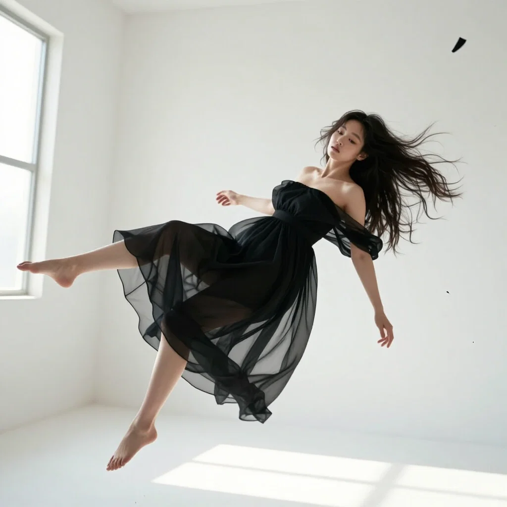 zero gravity floating figure in white void