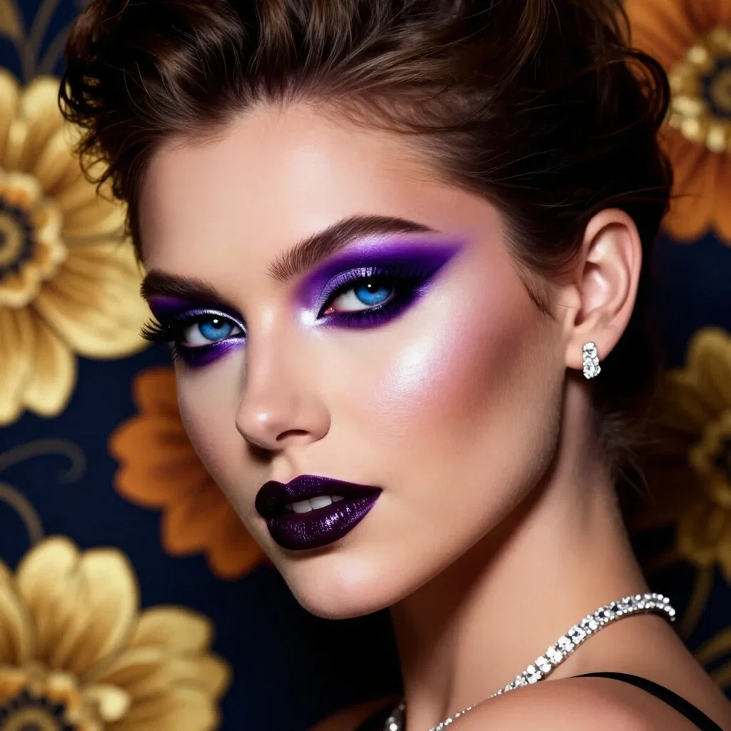 model with neon purple eyes and silver eyeliner