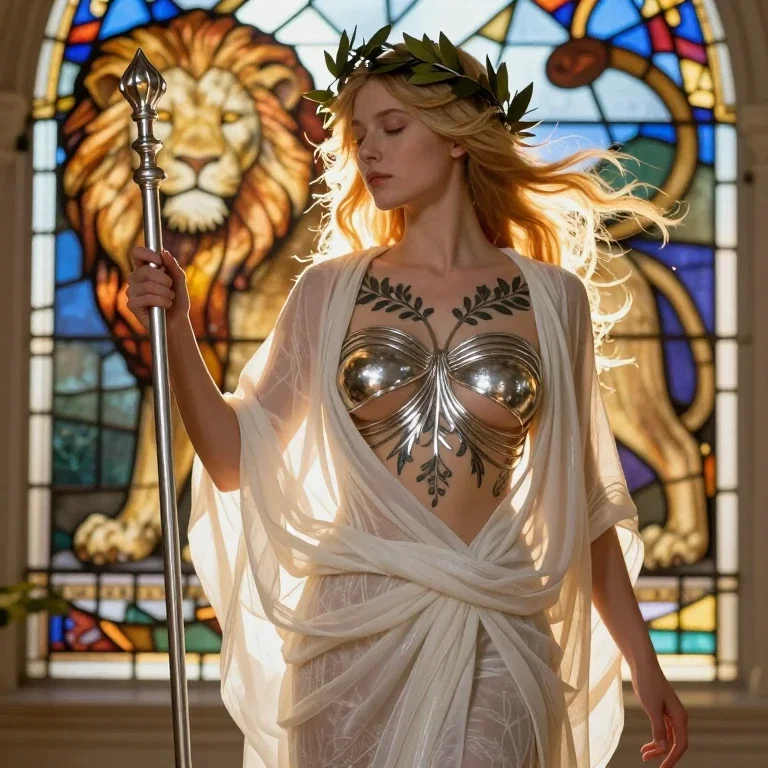 art nouveau french saintess blonde hair white robe