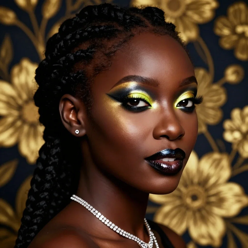 african model neon makeup braided hairstyle floral background