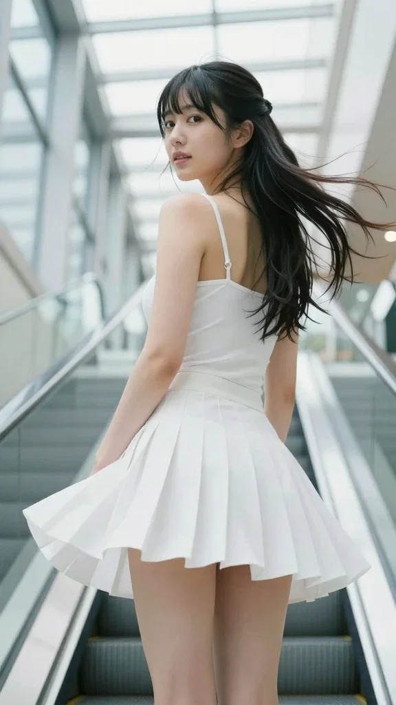 japanese woman escalator wind blown skirt natural light