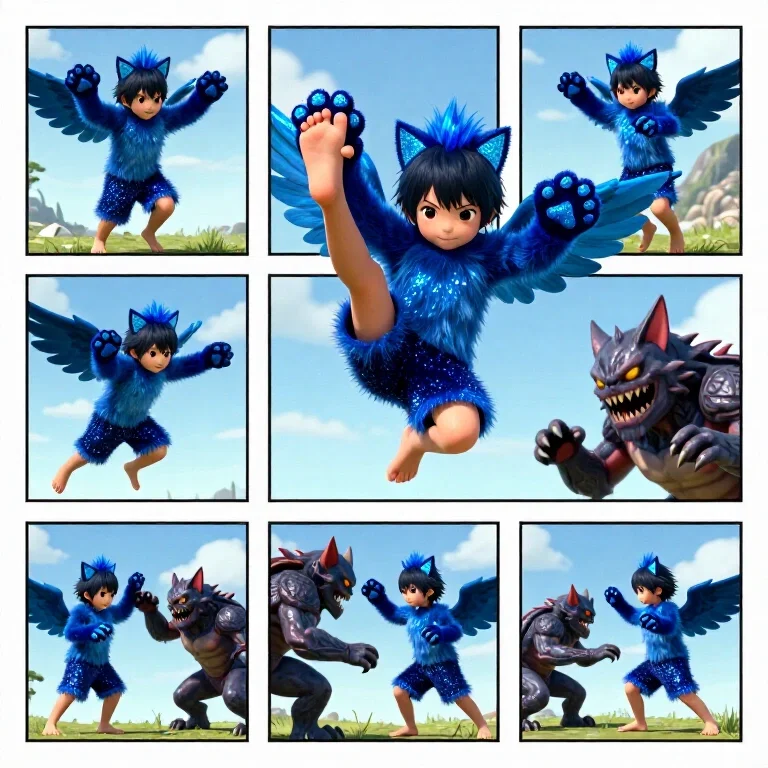 blue glittering cat boy fights demon monsters