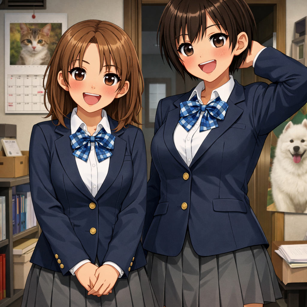 two anime girls in school uniform smiling