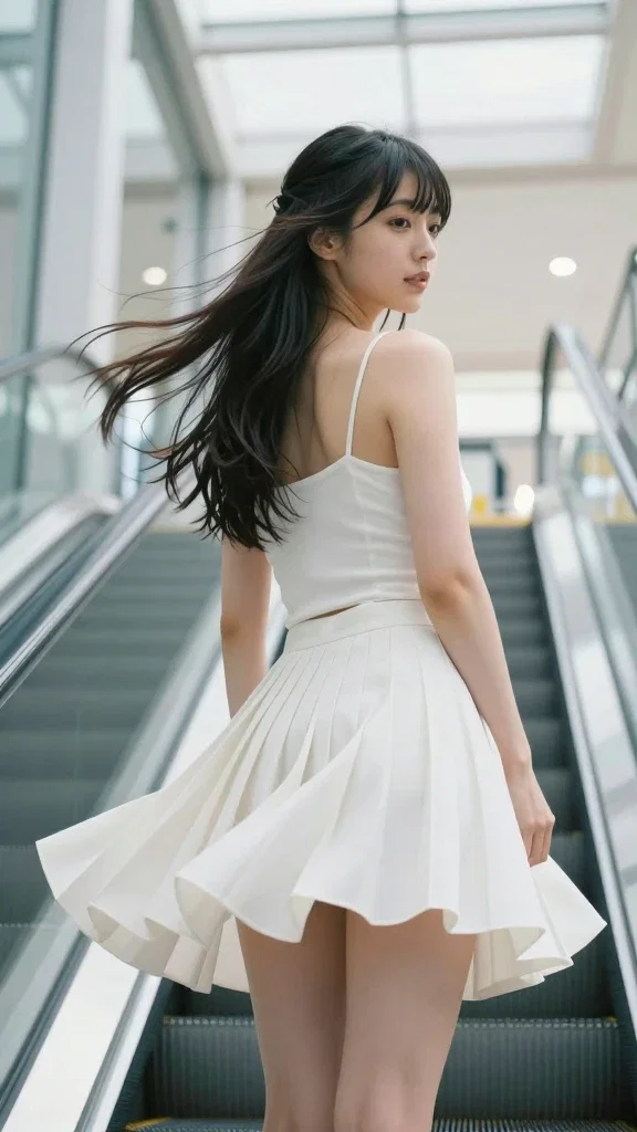modern escalator wind blown skirt japanese woman