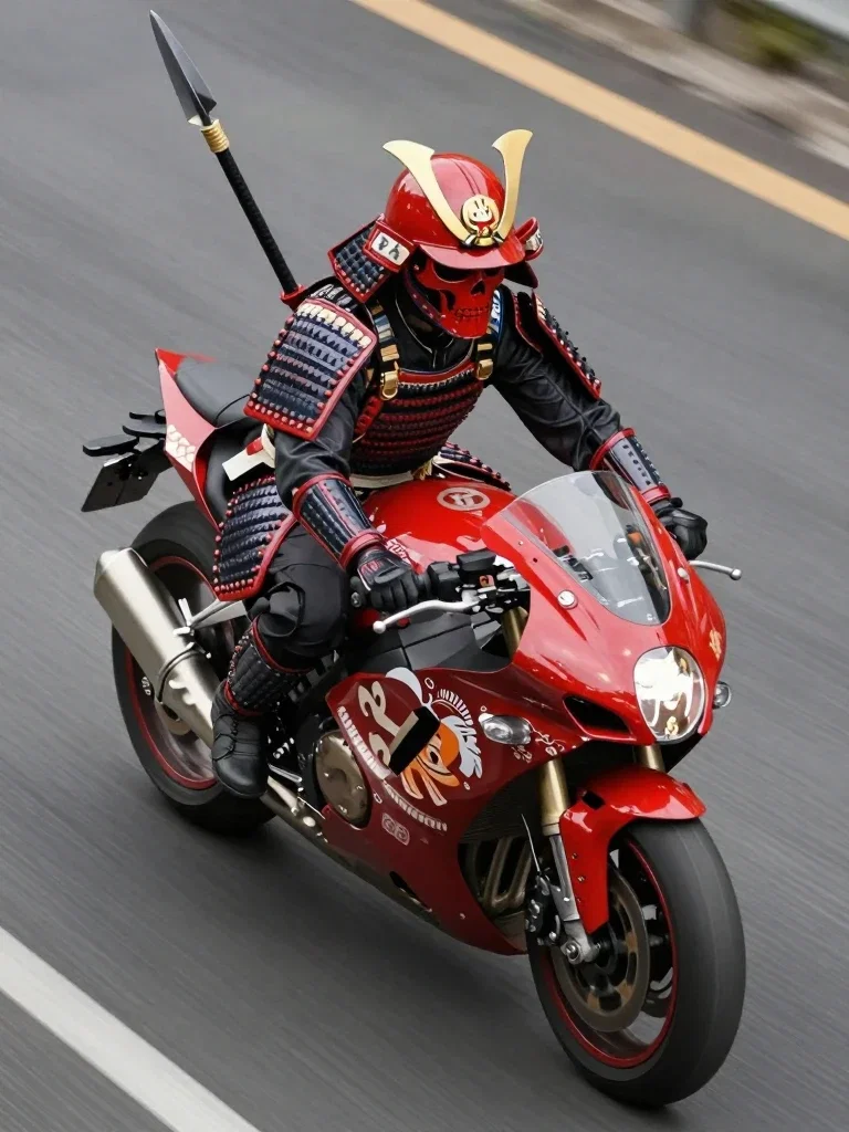 red skull samurai rider motorcycle spear