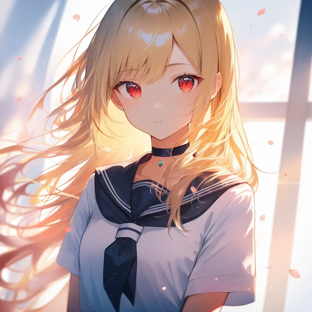 cute blonde schoolgirl red eyes dramatic backlight