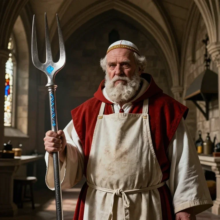 elderly medieval friar with fork in kitchen