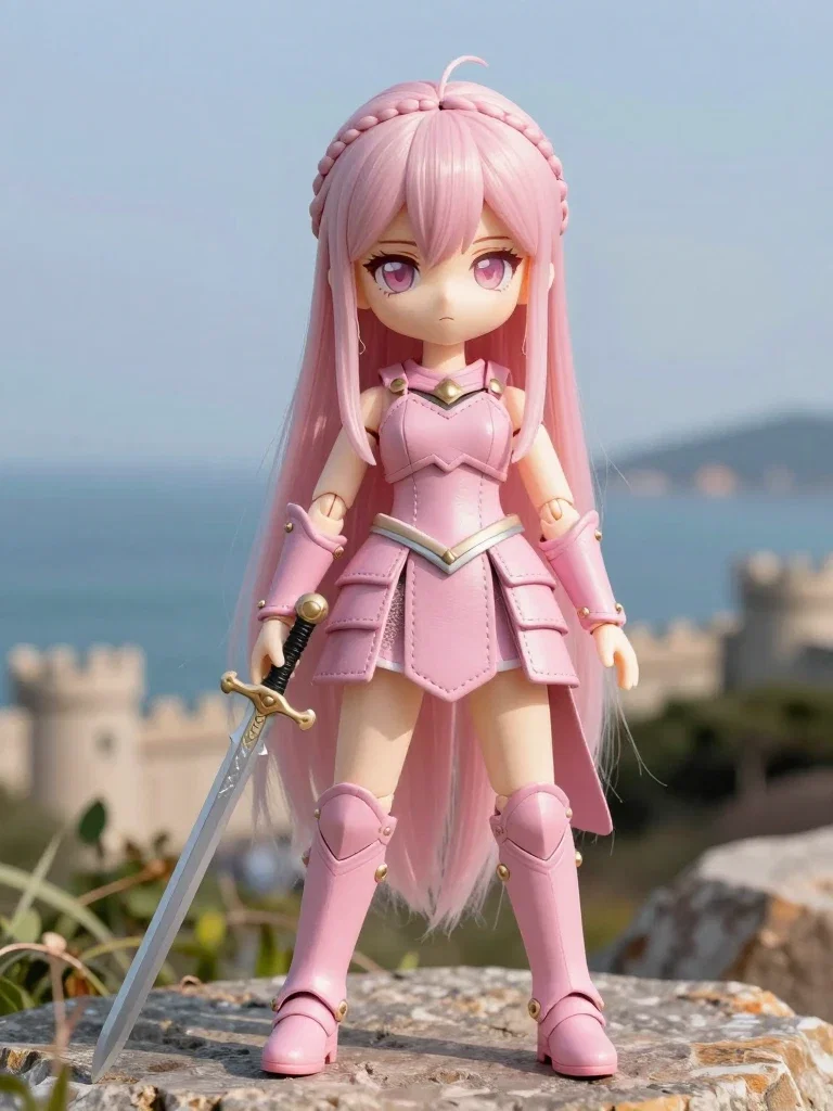 pink armored doll with sword on hill