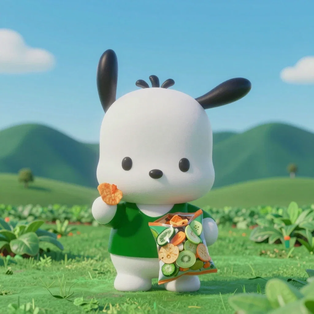 pochacco eating vegetable chips on farm