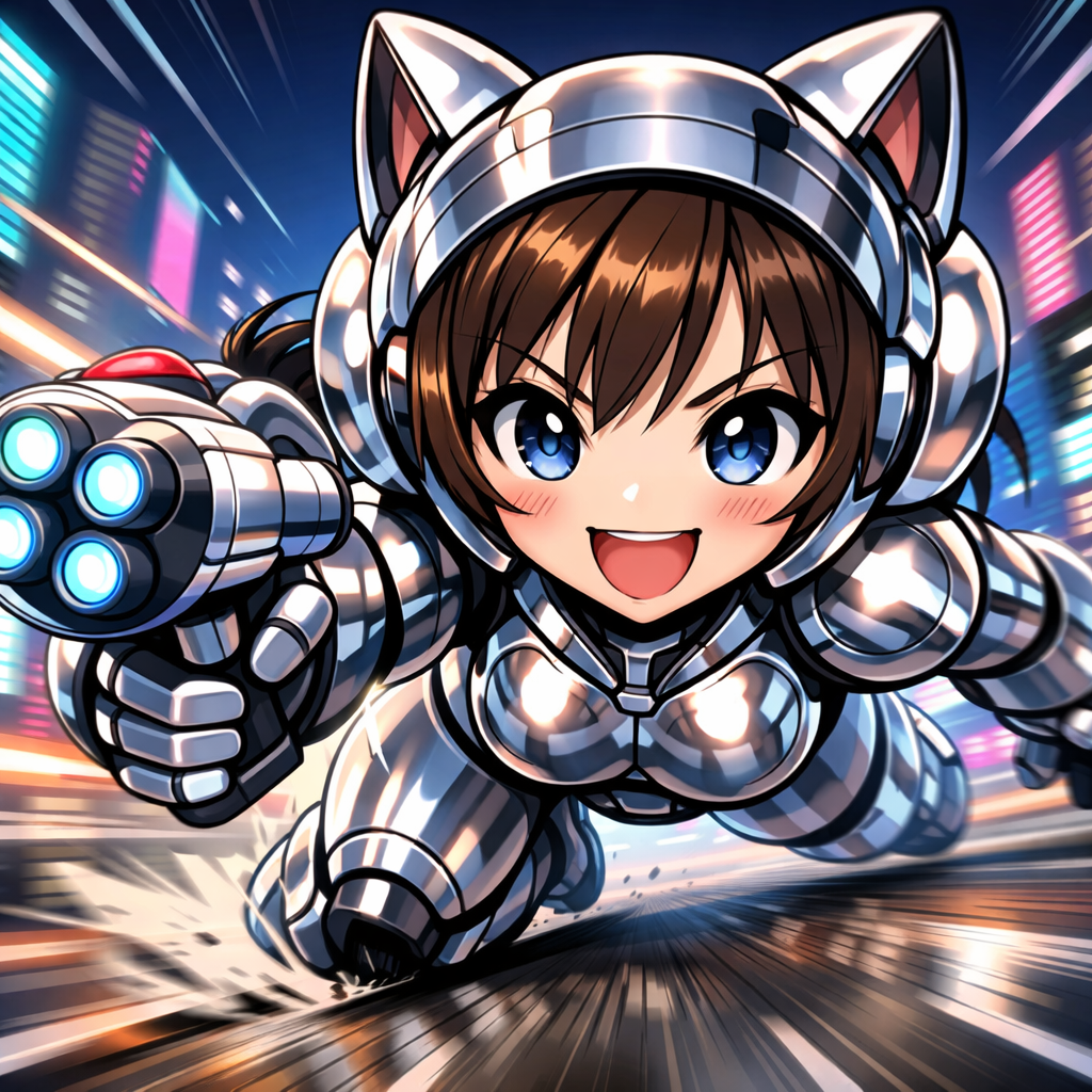 anime cat girl futuristic armor running low angle