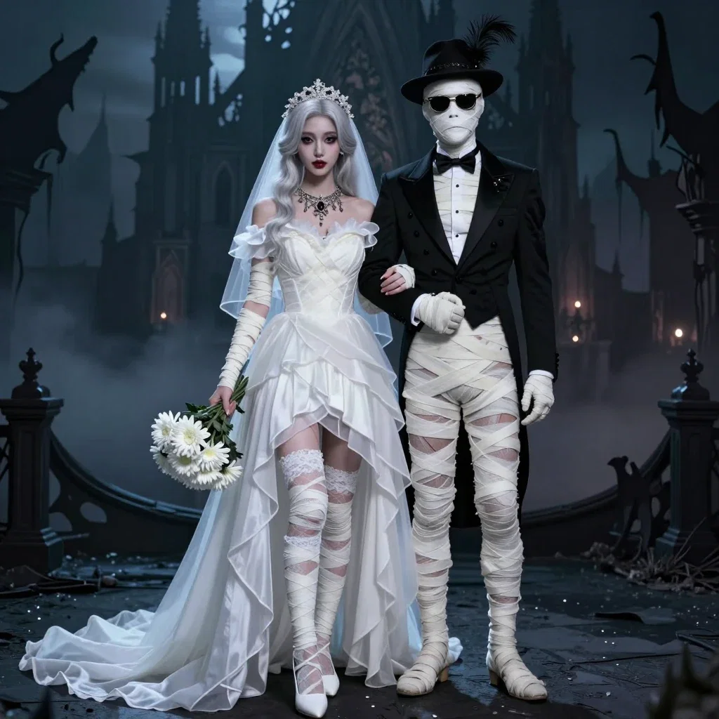 gothic bride and mummy groom unified ceremonial couple
