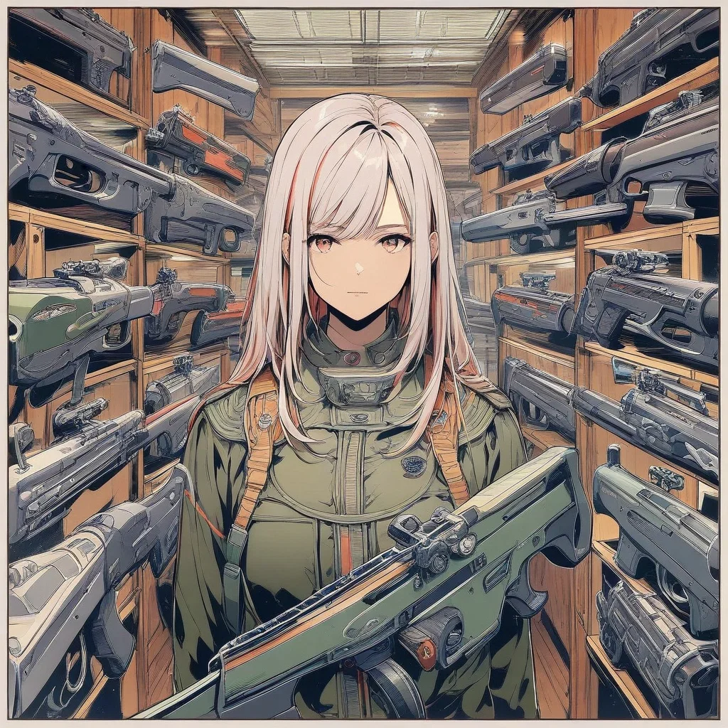 soldier girl with firearm in front of gun rack