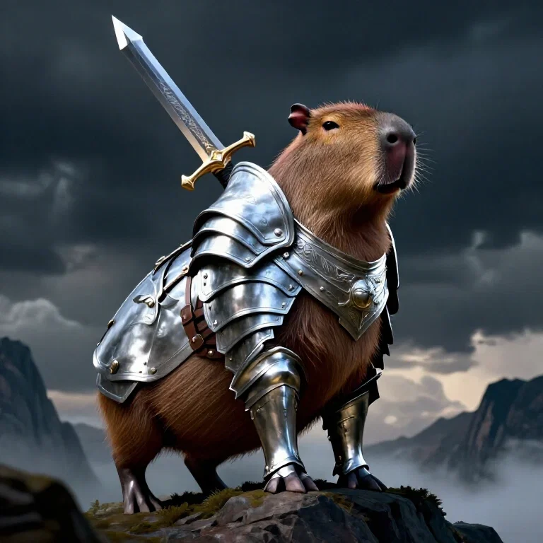 majestic capybara warrior in armor on mountain peak